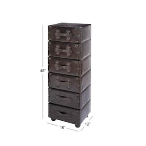 6 Drawer Brown Wood Vintage Faux Leather Chest with Rivets and Straps Detailing 50 in. X 16 in. X 12 in.