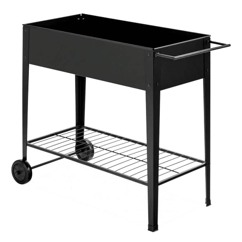 Black Iron Raised Garden Bed with Wheels and Shelf