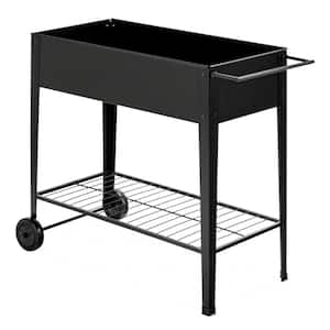 38 in. L x 16 in. W x 32.5 in. H Black Iron Raised Garden Bed on Wheels with Non-Slip Legs and Storage Shelf
