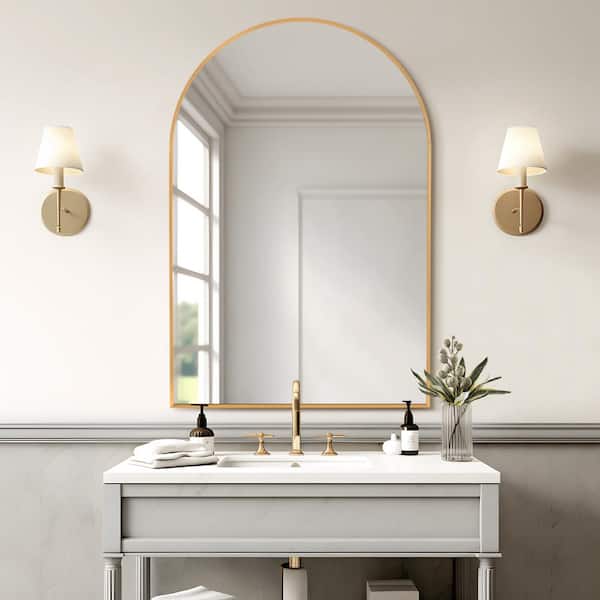 24 in. W x 36 in. H Arched Wall Mirror Gold Bathroom Vanity Mirror
