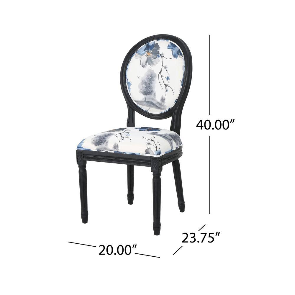 Elegant Noir High-Back Wood Side Chair with Floral Cushion, Set of 2
