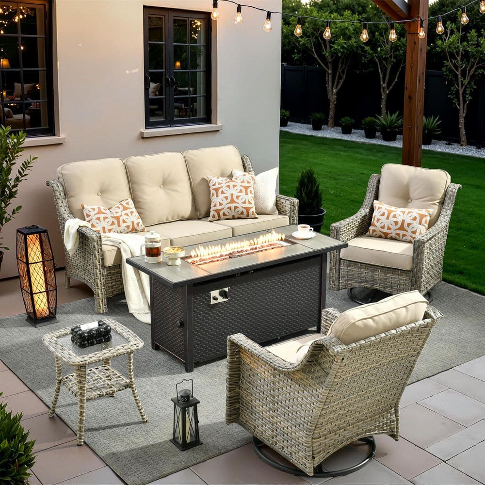 Delicacy 5-Pieces Wicker Outdoor Patio 54 in. Rectangular Fire Pit Set and Swivel Rocking Chairs with Beige Cushions price history on PriceWatchPro