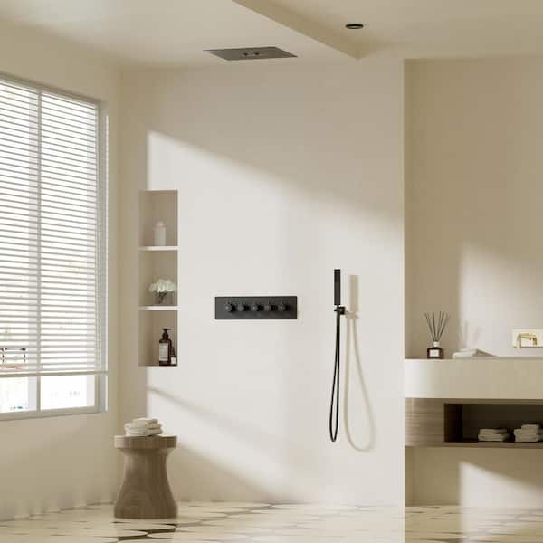 4-Spray 16 in. Dual Shower Heads Ceiling Mount Fixed and Handheld Shower Head 64 Color Lights 2.5 GPM in Matte Black