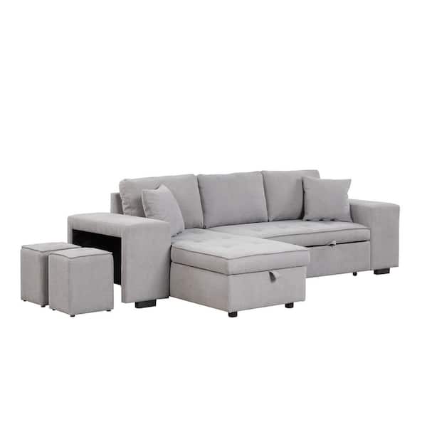 104.5 in. Square Arm Linen Sectional Sofa with Storage Chaise and 2 Stools in. Gray