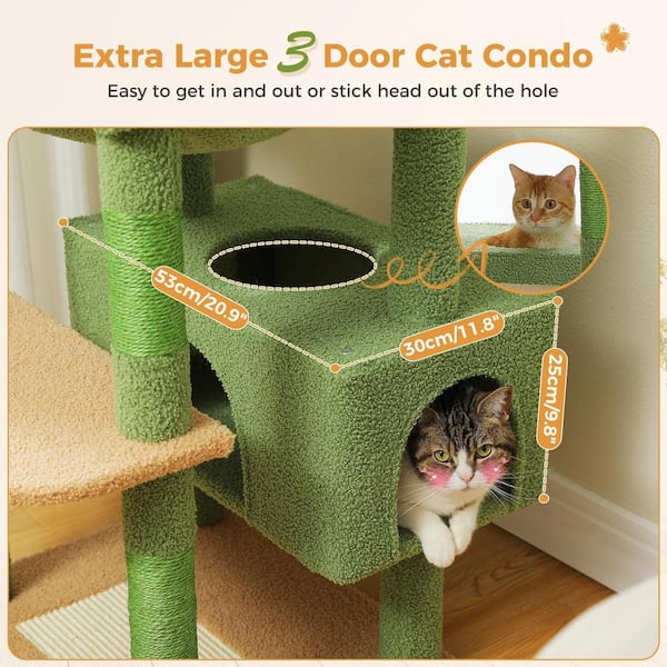 ATENGNES 72 in. Large Green Cat Tower Condo with Scratching Posts and Pads 2 Padded Perch Dual Condo and Basket for Indoor Cats