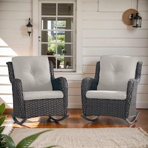 ArcoBay Metal and Brown Wicker Outdoor Rocking Chair with Olefin Beige Cushions (2-Pack)