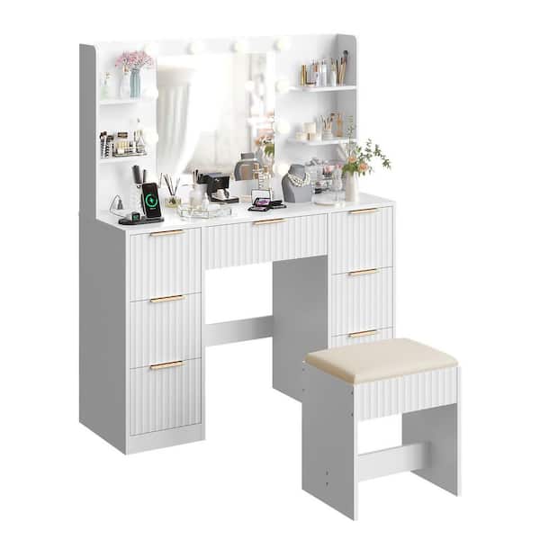 2-Piece White Makeup Vanity Set with 10 Three-color Dimmable Bulbs, 7 Drawers and 4-Tier Shelves