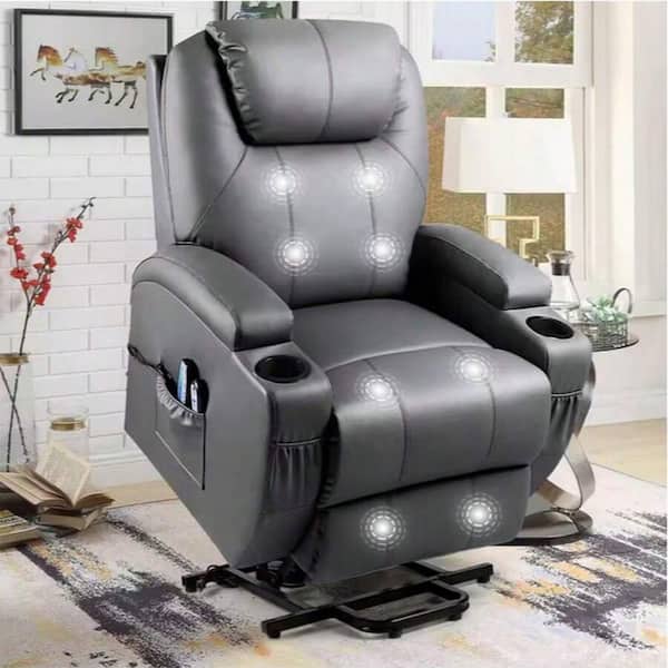 Gray Leather Power Lift Standard (No Motion) Recliner with Power Lift