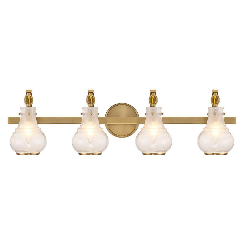 Warm Brass 4-Light Vanity with White Strie Glass Shades