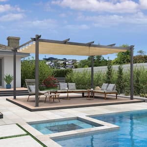 12 ft. x 16 ft. Gray Aluminum Frame Outdoor Patio Pergola with Beige Retractable Sun Shade Canopy for Porch Garden Beach