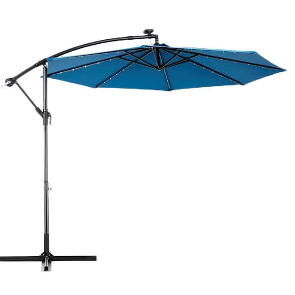 Otryad 9.67 ft. Steel Market Outdoor Patio Umbrella with 40 lights, Solar LED Offset Hanging Umbrella (No Base) in Dark Blue