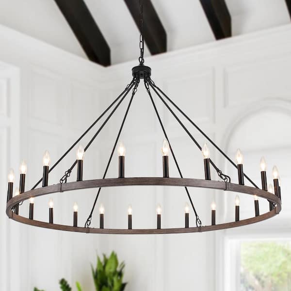 LWYTJO Yeraldine 24-Light Black/Brown Farmhouse Lagre Wagon Wheel Chandelier Round Vintage Candle Style Dimmable Pendant Light