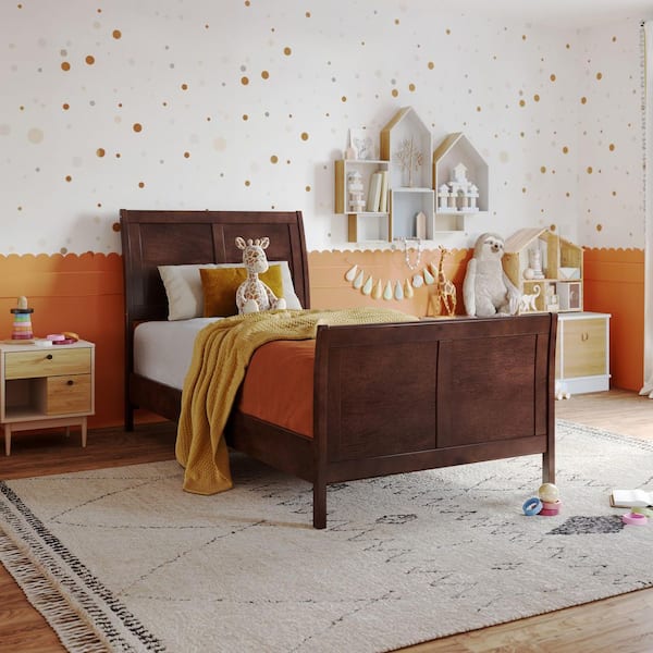 AFI Valencia Walnut Brown Solid Wood Frame Twin Low Profile Sleigh Platform Bed Matching Footboard