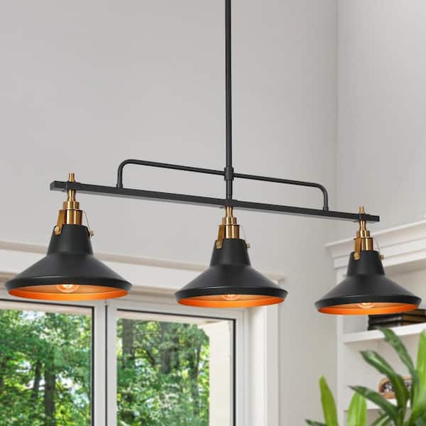 Zevni Tencanonia Modern Industrial 3-Light Matte Black and Brass Linear Pendant Light with Metal Barn Shade for Dining Room
