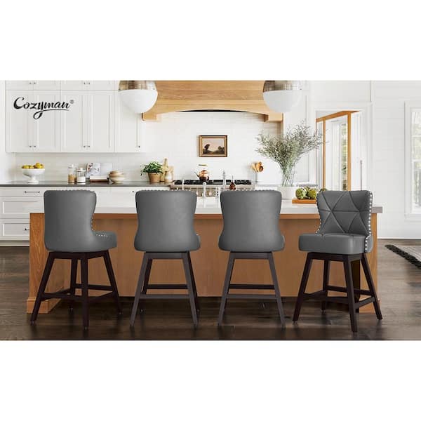 Zola 26 in. Dark Gray Wood Frame Counter Bar Stool Faux Leather Upholstered Swivel Bar Stool (Set of 4)