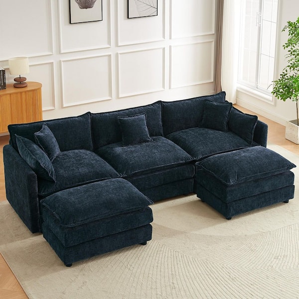 112.2 in. Square Arm U-Shaped Chenille Deluxe Pillow-Styled Modular Sectional Sofa in. Blue with 2 Ottoman
