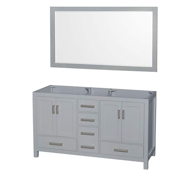 Wyndham Collection Sheffield 59 in. W x 21.5 in. D x 34.25 in. H Double Bath Vanity Cabinet without Top in Gray with 58" Mirror
