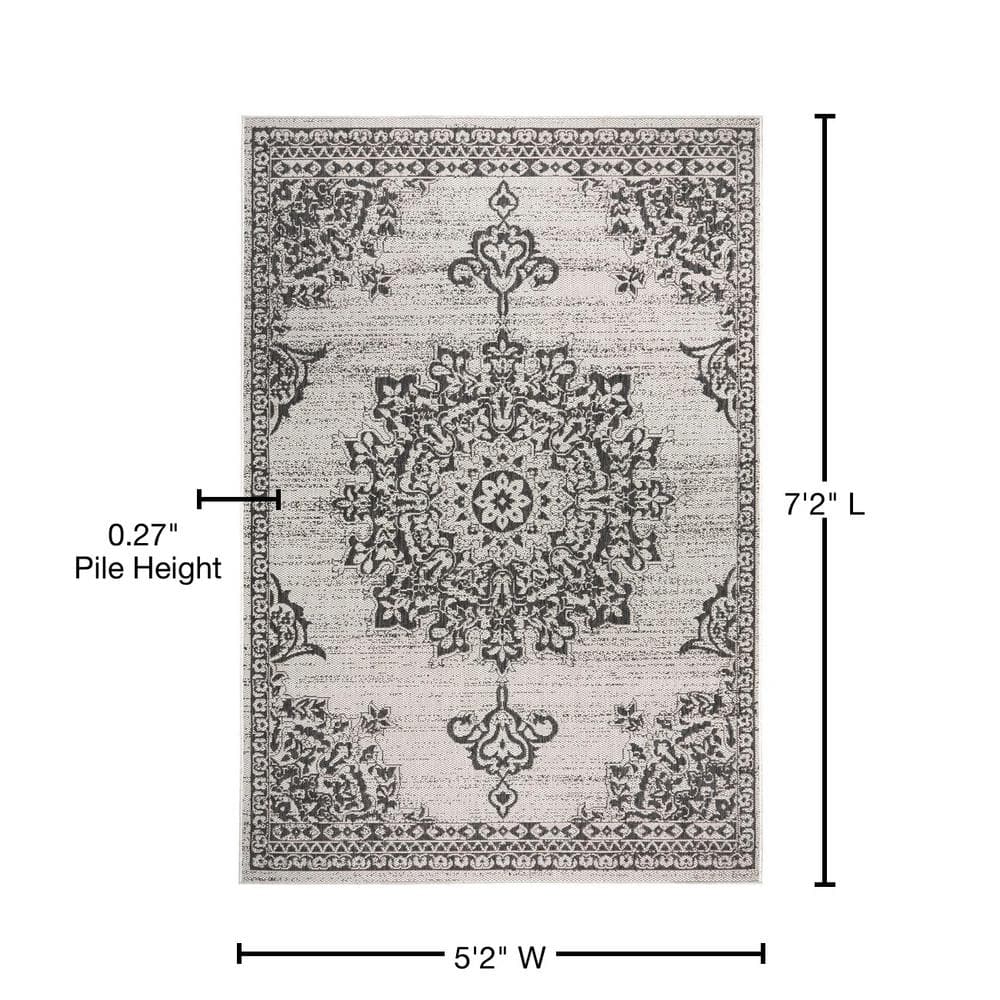 Gray and Black Medallion Synthetic Indoor/Outdoor Area Rug