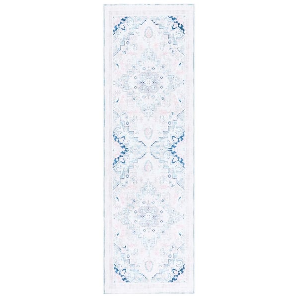Arizona 3 ft. x 9 ft. Ivory/Aqua Medallion Washable Runner Rug