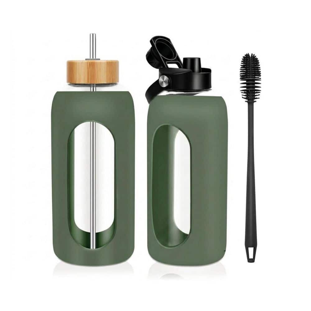 64 oz Olive Green Glass Water Bottle with Silicone Sleeve, Straw, Time Marker, 2 Lids, Handle, 1 Piece price history on PriceWatchPro