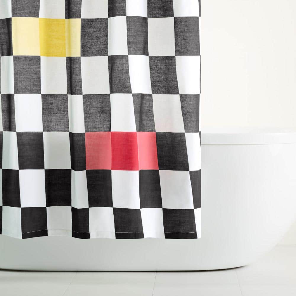 Bold Checkerboard Cotton Fabric Shower Curtain with Grommets