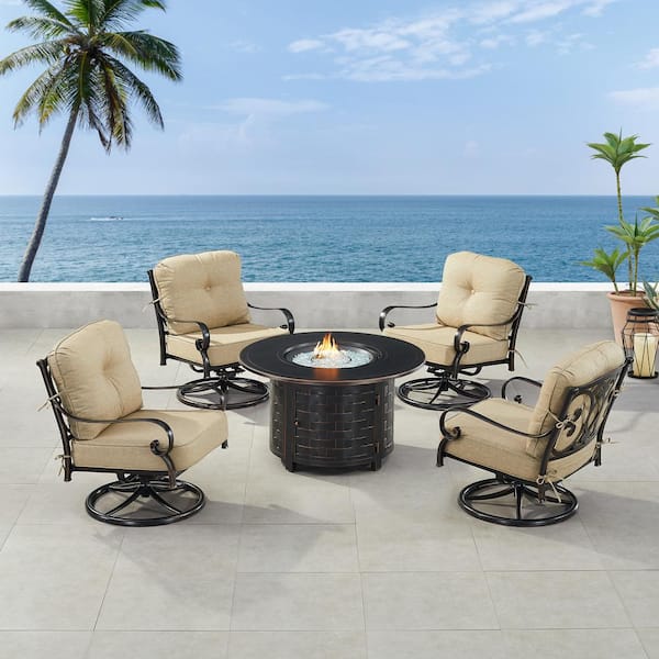 Oakland Living Black 5 Piece Aluminum Patio Fire Fit Table Set with 4 Club Chairs with Tan Cushions