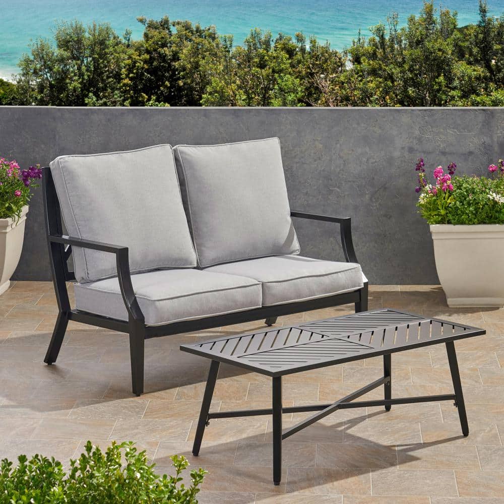 2-Piece Metal Outdoor Loveseat with Gray Cushions (Loveseat and Coffee Tabl