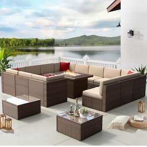 15-Piece Wicker Patio Conversation Set with Brown Cushions/Steel Fire Pit