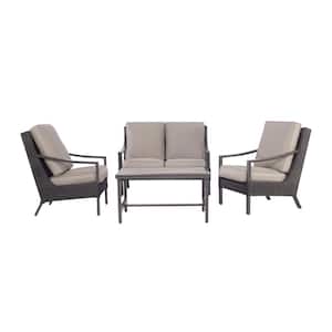 4-Piece All Weather Patio Aluminum Chat Set, 36 in. L x 25 in. W Tile Top Table, 2 Club Chairs and Loveseat with Cushion