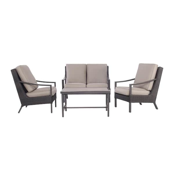 Exclusive Heritage 4-Piece All Weather Patio Aluminum Chat Set, 36 in. L x 25 in. W Tile Top Table, 2 Club Chairs and Loveseat with Cushion