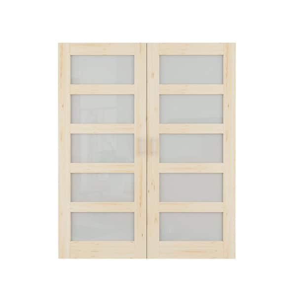 72 in. x 80 in. 5-Lite Frosted Glass Solid Core Unfinished Pine Glass Panels without Jamb Bi-fold Door with Ball Catch