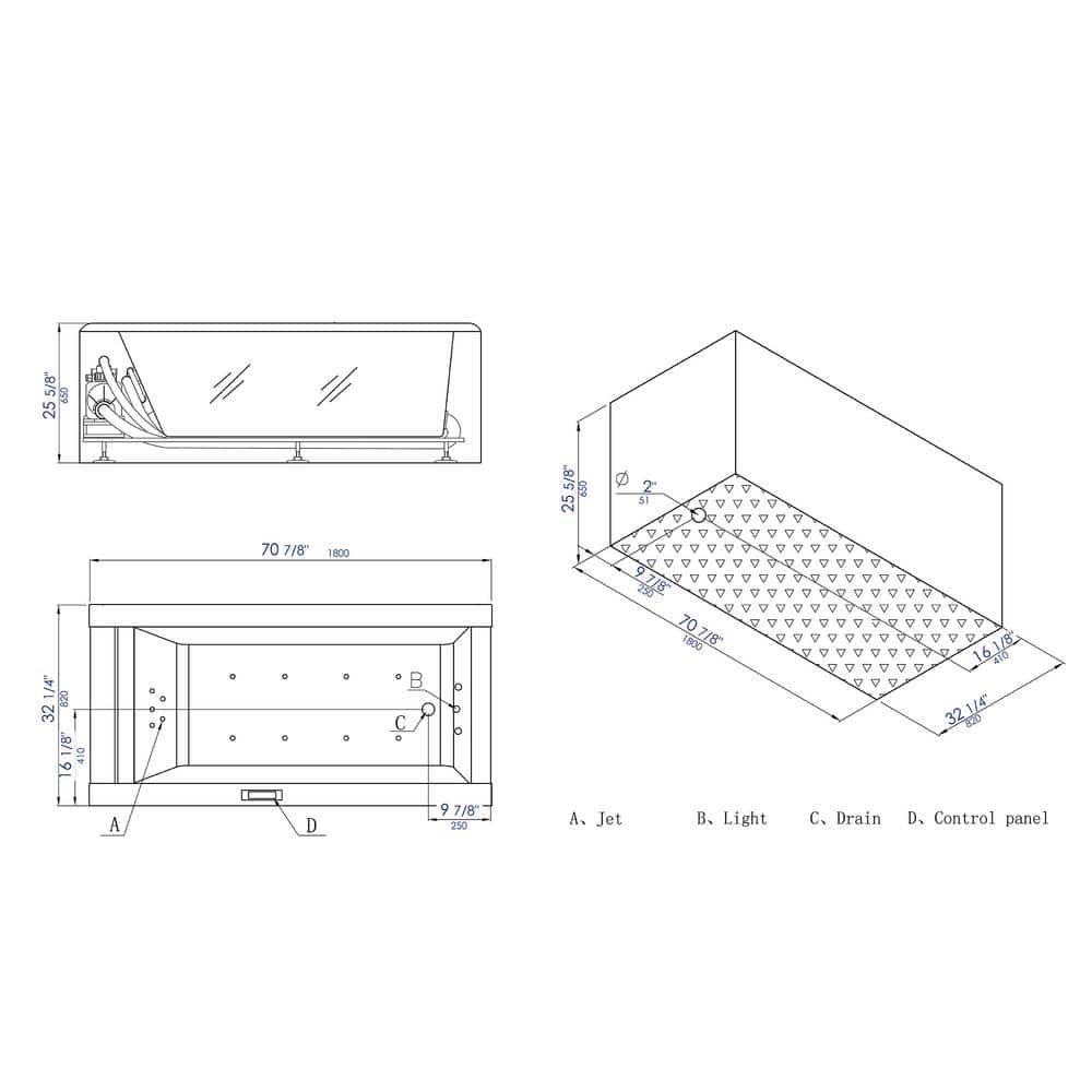 70.88'' White and Clear Acrylic Freestanding Whirlpool Bathtub