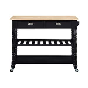 French Country Black 3-Tier Cart with Butcher Block Top and Drawers
