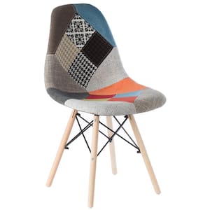 Mid-Century Modern Upholstered Plastic Multicolor Fabric Patchwork DSW Shell Dining Chair with Wooden Dowel Eiffel Legs