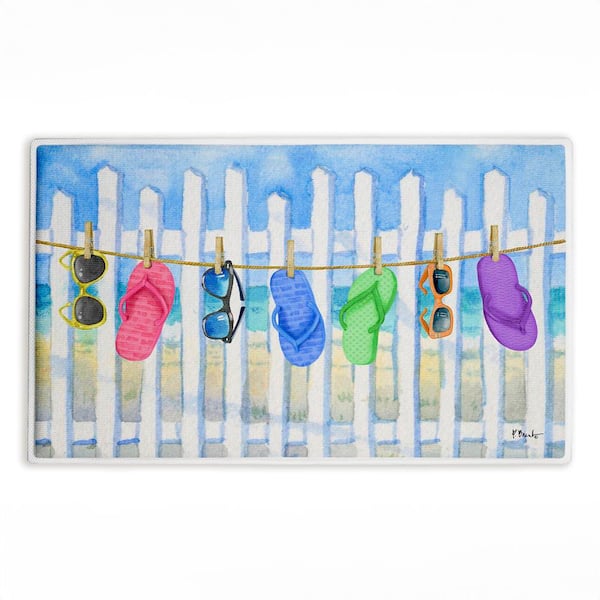 Flip Flop Clothesline Beach 18 in. x 30 in. Blue Graphic Polyester Blend Rectangle Bath Mat