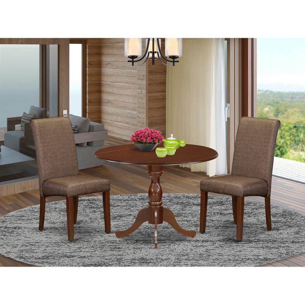 3-Piece Mahogany Finish Solid Wood Top - Upholstered Dining Room Set with Dropleaf (Seats-4)