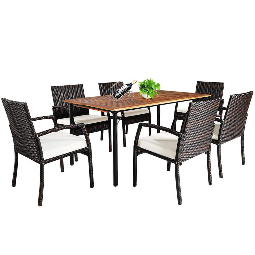 7-Piece Wicker Wood Rectangle 30 in. Outdoor Dining Set with White Cushions and Umbrella Hole