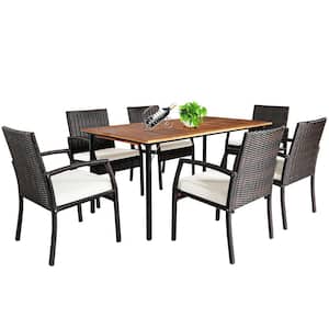 7-Piece Wicker Wood Rectangle 30 in. Outdoor Dining Set with White Cushions and Umbrella Hole