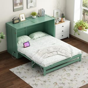 Green Wood Frame Queen Size Murphy Bed with Charging Station and Drawer