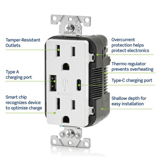 White Leviton T5633-BW 15 Amp Type A and C USB Charger Tamper-Resistant Outlet 