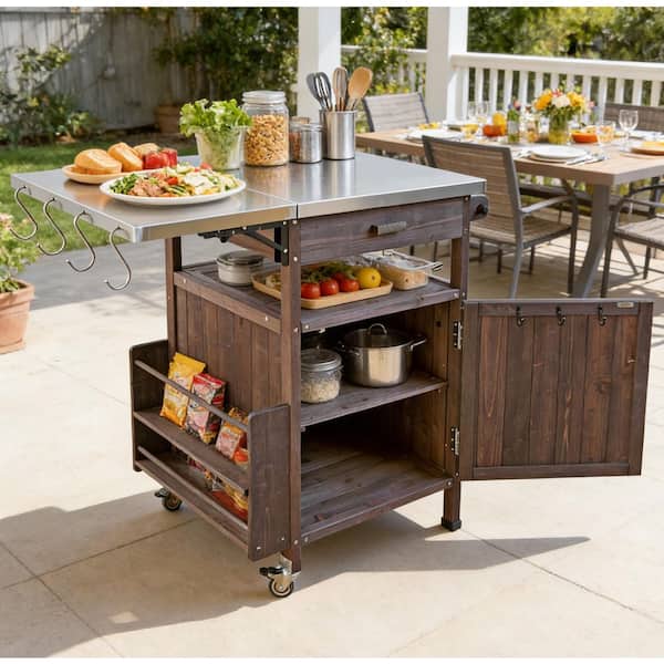 Brown Wood Outdoor Bar Cart with Stainless Steel Top and Storage
