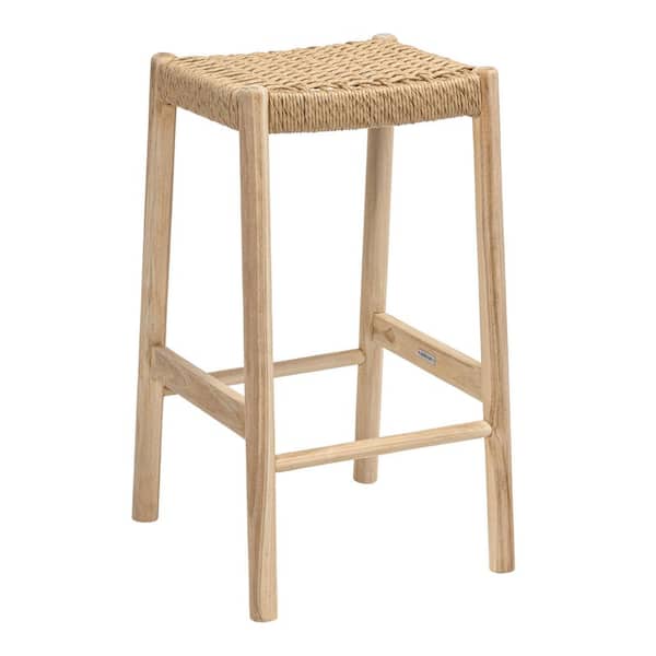 Armati 29.5 in. Teak Wood Backless Indoor/Outdoor Bar Stool with Woven Seat, Light Brown/Natural Bleach Wood