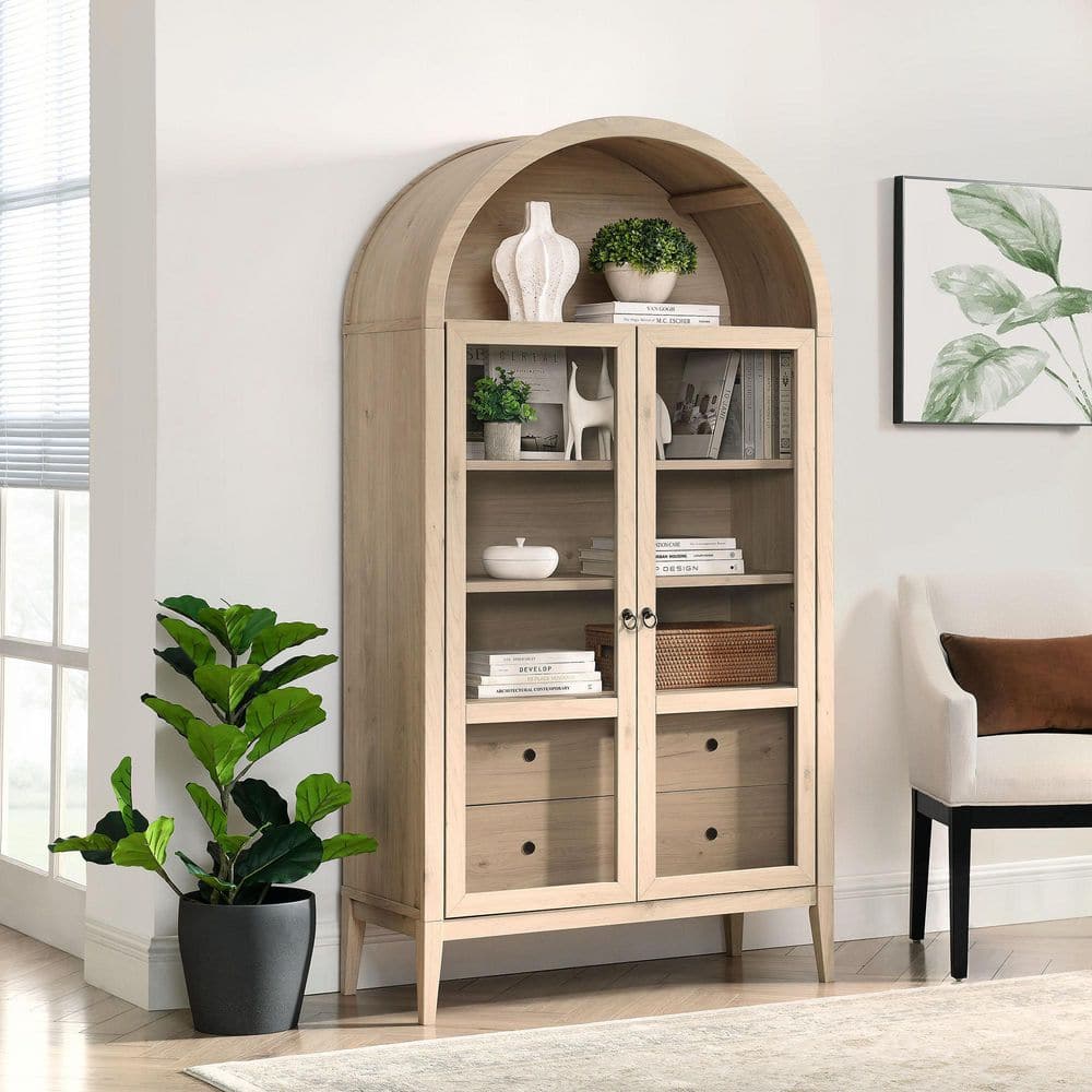 Nolan Light Oak Tall Arched Storage Display Cabinet with Glass Doors
