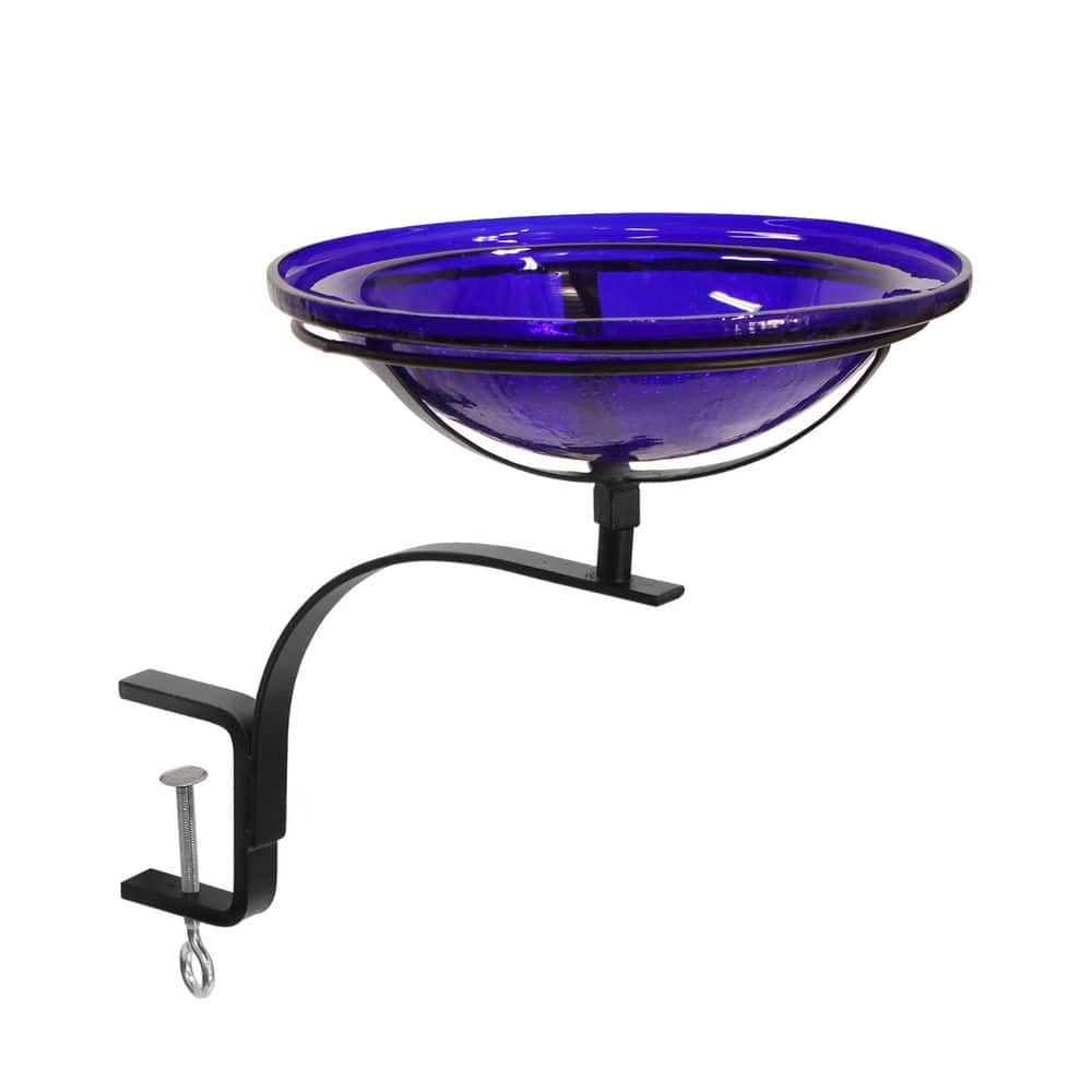ACHLA DESIGNS Reflective Crackle Glass Birdbath Bowl With Rail Mount Bracket, 12.5  in. Diameter, Cobalt Blue