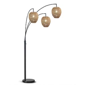 Kuta 83 in. Dark Bronze 3-Lights Arc Tree Floor Lamp with Rattan Shades