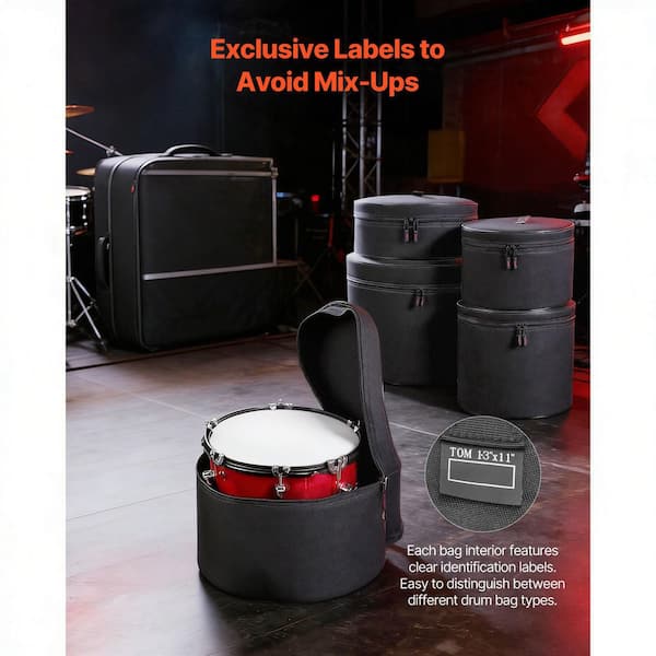 VEVOR 5-Piece Drum Case Set, 600D Padded Drum Bags, Thick Padding