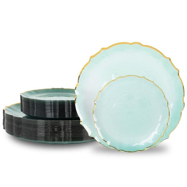 100-Piece Set of Translucent Green Plastic Plates with Gold Rim and Lace Edged Elegant Design for Parties