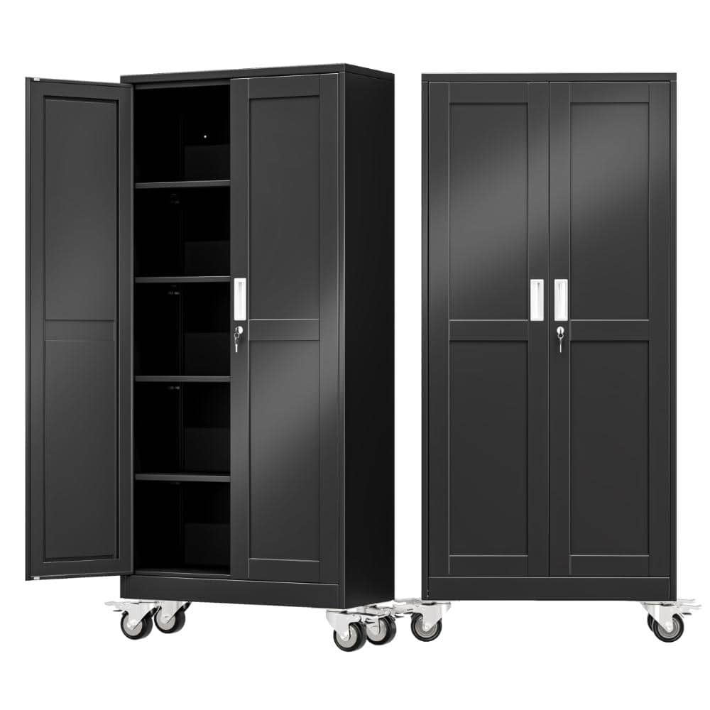 "74.81""H x 29.92""W x 14.96""D Black Metal Garage Storage Cabinet with Wheels and Locking Doors, 4 Adjustable Shelves" price history on PriceWatchPro