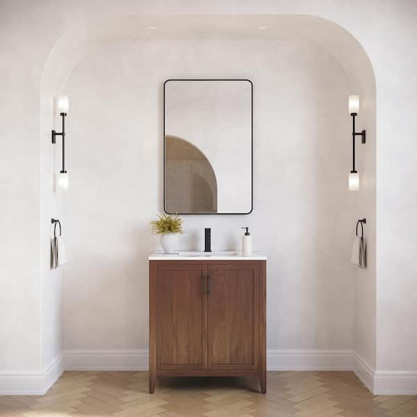 Silas 30 in. Single Sink Freestanding Bath Vanity with White Quartz Top and Ceramic Sink in Warm Walnut