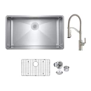 Bryn 16-Gauge Stainless Steel 30 in. Single Bowl Undermount Kitchen Sink with Farmhouse Faucet, Bottom Grid, Drain